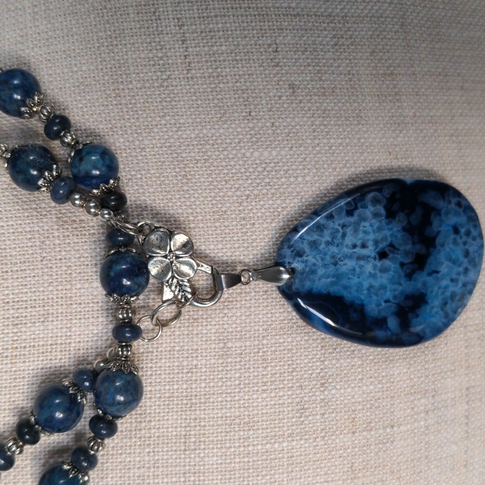 Blue Gemstone Beaded Pendant Necklace, 33" Long, New, Genuine Statement, Floral - Picture 5 of 8
